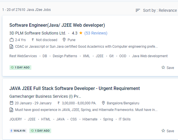 Java J2EE internship jobs in Uae
